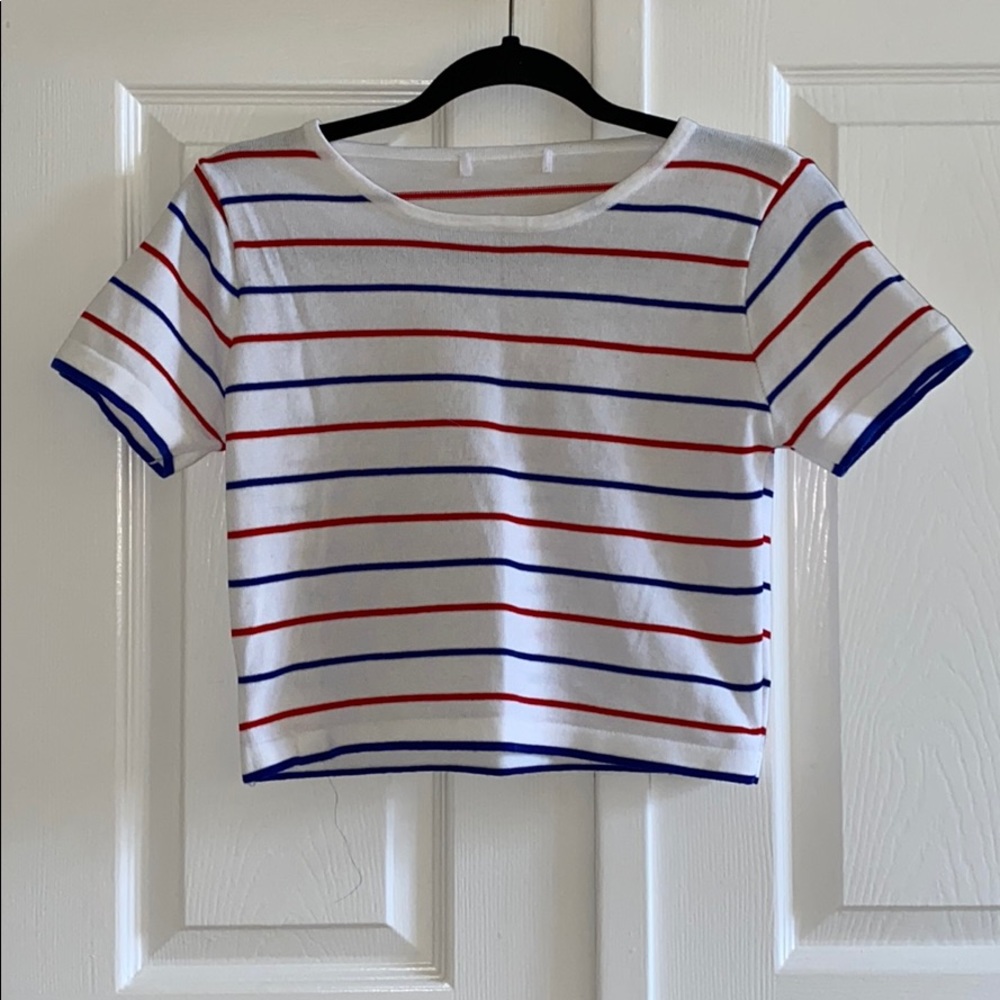 NWOT UO Ribbed Knit Red and Blue Stripe Cropped T-Shirt
